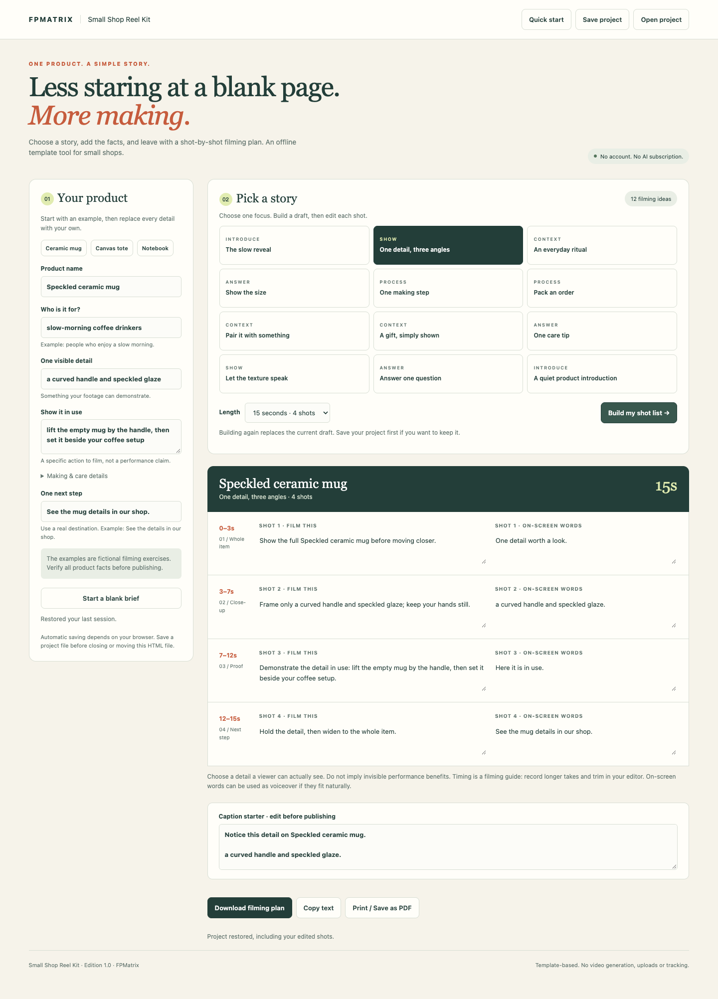 Offline planner showing editable product facts and a four-shot filming plan for a fictional ceramic mug